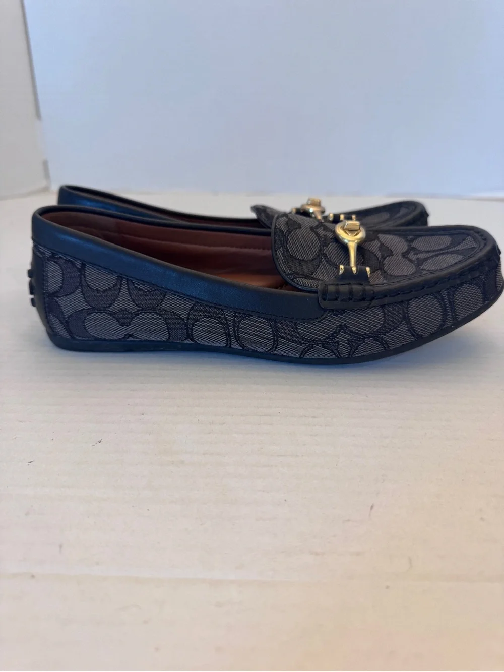 Coach Crosby Driver Loafers Signature Jacquard Turnlock Black Grey Shoes Size 7B